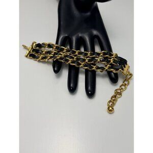 Joan Rivers Vintage 3 Layer  Woven Black Leather Gold Chain Wide Bracelet Signed
